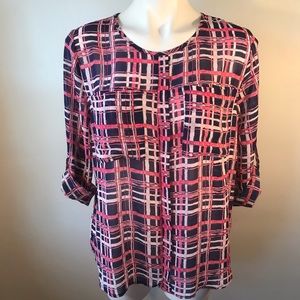 Papermoon Stitch Fix Blouse, NWT, Pink Blue White Plaid Sheer, Wynn Front Pocket